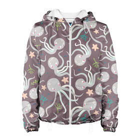 Женская куртка 3D с принтом Осьминоги в Новосибирске, ткань верха — 100% полиэстер, подклад — флис | прямой крой, подол и капюшон оформлены резинкой с фиксаторами, два кармана без застежек по бокам, один большой потайной карман на груди. Карман на груди застегивается на липучку | cute | octopus | милый | морское | осьминог | осьминожка | паттерн | тентакли | щупальца