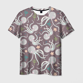 Мужская футболка 3D с принтом Осьминоги в Новосибирске, 100% полиэфир | прямой крой, круглый вырез горловины, длина до линии бедер | cute | octopus | милый | морское | осьминог | осьминожка | паттерн | тентакли | щупальца
