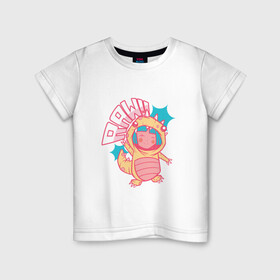 Детская футболка хлопок с принтом Аниме в костюме динозаврика в Новосибирске, 100% хлопок | круглый вырез горловины, полуприлегающий силуэт, длина до линии бедер | Тематика изображения на принте: aaw | anime | cute | dino | girl | japan | japanese | kawaii | manga | vector | вектор | девочка | детский рисунок | динозаврик | динозаврики | для ребёнка | кавайи | костюм динозавра | малыш | мальчик | милота | милый динозаврик