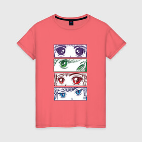 Женская футболка хлопок с принтом Глаза и взгляды аниме девочек в Новосибирске, 100% хлопок | прямой крой, круглый вырез горловины, длина до линии бедер, слегка спущенное плечо | anime | chibi | collage | cute | eyes | girls | japan | japanese | kawaii | manga | sight | view | waifu | анимешник | анимешница | девочки | девушки | коллаж | лица | манга | настроение | рисунок в стиле аниме | типичная девушка | япония