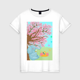 Женская футболка хлопок с принтом слоненок на пикнике в Новосибирске, 100% хлопок | прямой крой, круглый вырез горловины, длина до линии бедер, слегка спущенное плечо | бабочки | весна | дерево | животное | зеленый | корзина | кофе | лето | листья.детская иллюстрация | небо | отдых | рисунок | розовый | сакура | слон | слоненок | фрукты | чай