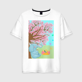 Женская футболка хлопок Oversize с принтом слоненок на пикнике в Новосибирске, 100% хлопок | свободный крой, круглый ворот, спущенный рукав, длина до линии бедер
 | бабочки | весна | дерево | животное | зеленый | корзина | кофе | лето | листья.детская иллюстрация | небо | отдых | рисунок | розовый | сакура | слон | слоненок | фрукты | чай