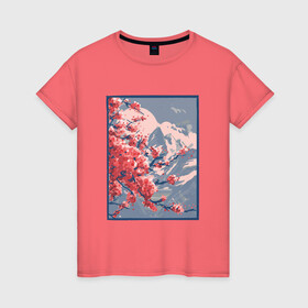 Женская футболка хлопок с принтом Цветение Сакуры на фоне Фудзи в Новосибирске, 100% хлопок | прямой крой, круглый вырез горловины, длина до линии бедер, слегка спущенное плечо | cherry blossom | fuji | japan | japanese | landscape | painting | plum | sakura | вишня в цвету | гора фудзи | горный пейзаж | живопись | искусство | картина | краска | краски | настоящая картина | пейзаж | рисунок | сакура | слива