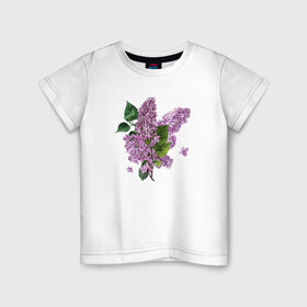 Детская футболка хлопок с принтом СИРЕНЬ АКВАРЕЛЬЮ в Новосибирске, 100% хлопок | круглый вырез горловины, полуприлегающий силуэт, длина до линии бедер | акварель | акварельные | акварелью | бабочки | букет | букет из цветов | летние цветы | сиреневые цветы | сирень | цветы