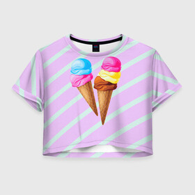 Женская футболка Crop-top 3D с принтом Мороженое графический фон в Новосибирске, 100% полиэстер | круглая горловина, длина футболки до линии талии, рукава с отворотами | геометрический принт | графический принт | лавандовый | летний | лето | мороженое | мятный | полоска | принт