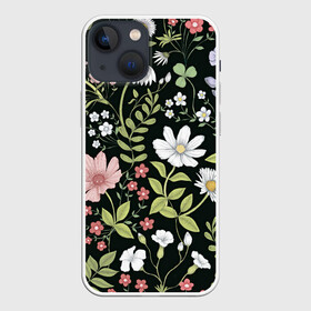 Чехол для iPhone 13 mini с принтом Полевые цветы в Новосибирске,  |  | арт | ночь | поле | полевые цветы | рисунок | ромашка | ромашки | тёмный фон | цветок | цветы | чёрное | яркие цветы | яркий цветок