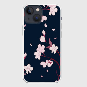 Чехол для iPhone 13 mini с принтом Веточки сакуры в Новосибирске,  |  | арт | ветка | ветки | веточка | веточки | ночь | рисунок | розовые бутоны | розовые цветы | сакура | тёмный фон | цветение | цветение вишни | цветок | цветы | цветы вишни | чёрное | яркие цветы