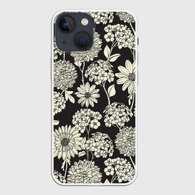 Чехол для iPhone 13 mini с принтом Белые цветы в Новосибирске,  |  | арт | белые цветы | белый цветок | ночь | полевые цветы | рисунок | ромашка | ромашки | тёмный фон | хризантема | хризантемы | цветок | цветы | чёрное | яркие цветы | яркий цветок