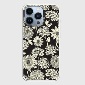 Чехол для iPhone 13 Pro с принтом Белые цветы в Новосибирске,  |  | арт | белые цветы | белый цветок | ночь | полевые цветы | рисунок | ромашка | ромашки | тёмный фон | хризантема | хризантемы | цветок | цветы | чёрное | яркие цветы | яркий цветок