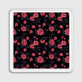 Магнит 55*55 с принтом Ночные розы в Новосибирске, Пластик | Размер: 65*65 мм; Размер печати: 55*55 мм | арт | красная роза | красные розы | ночь | рисунок | роза | розовая роза | розовые розы | розы | тёмный фон | цветок | цветы | чёрное | яркие цветы | яркий цветок