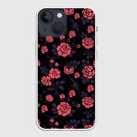Чехол для iPhone 13 mini с принтом Ночные розы в Новосибирске,  |  | арт | красная роза | красные розы | ночь | рисунок | роза | розовая роза | розовые розы | розы | тёмный фон | цветок | цветы | чёрное | яркие цветы | яркий цветок