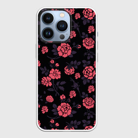 Чехол для iPhone 13 Pro с принтом Ночные розы в Новосибирске,  |  | арт | красная роза | красные розы | ночь | рисунок | роза | розовая роза | розовые розы | розы | тёмный фон | цветок | цветы | чёрное | яркие цветы | яркий цветок
