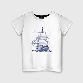 Детская футболка хлопок с принтом Корабль в Новосибирске, 100% хлопок | круглый вырез горловины, полуприлегающий силуэт, длина до линии бедер | Тематика изображения на принте: ships | whale | кит | киты | корабли | кораблики | корабль | море | морские | морское | паруса | чайки