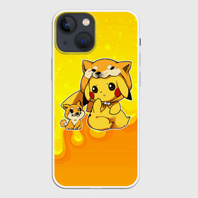 Чехол для iPhone 13 mini с принтом Пикачу и корги в Новосибирске,  |  | anime | picachu | pikachu | аниме | милый | пика | пикачу | покебол | покемон