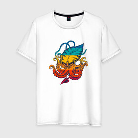 Мужская футболка хлопок с принтом Ктулху цветной в Новосибирске, 100% хлопок | прямой крой, круглый вырез горловины, длина до линии бедер, слегка спущенное плечо. | Тематика изображения на принте: king | kraken | octopus | корона | кракен | ктулху | море | морские | морское | осьминог | щупальца