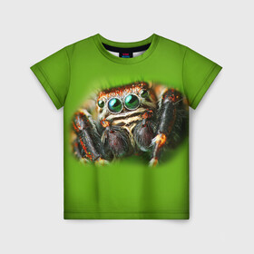 Детская футболка 3D с принтом ПАУК ВБЛИЗИ в Новосибирске, 100% гипоаллергенный полиэфир | прямой крой, круглый вырез горловины, длина до линии бедер, чуть спущенное плечо, ткань немного тянется | tegunvteg | глаза | животные | макро | насекомые | паук | природа