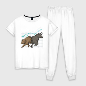 Женская пижама хлопок с принтом Бык или Медведь в Новосибирске, 100% хлопок | брюки и футболка прямого кроя, без карманов, на брюках мягкая резинка на поясе и по низу штанин | bulls | акции | банк | бык | инвестиции | медведь | тинькофф