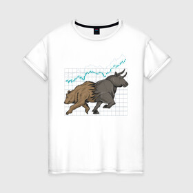 Женская футболка хлопок с принтом Бык или Медведь в Новосибирске, 100% хлопок | прямой крой, круглый вырез горловины, длина до линии бедер, слегка спущенное плечо | bulls | акции | банк | бык | инвестиции | медведь | тинькофф