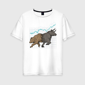 Женская футболка хлопок Oversize с принтом Бык или Медведь в Новосибирске, 100% хлопок | свободный крой, круглый ворот, спущенный рукав, длина до линии бедер
 | bulls | акции | банк | бык | инвестиции | медведь | тинькофф