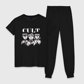 Женская пижама хлопок с принтом Kid Cult Детский культ Ужасы в Новосибирске, 100% хлопок | брюки и футболка прямого кроя, без карманов, на брюках мягкая резинка на поясе и по низу штанин | devil | fear | horror | horror merch | occult | religion | ritual | satanic | satanism | демон | дети | дети кукурузы | детский культ | дьявол | культизм | оккультизм | прикол | религия | ритуал | сатана | сатанизм | секта | ужас | ужастик