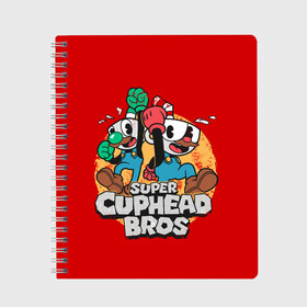 Тетрадь с принтом Super Cuphead Bros в Новосибирске, 100% бумага | 48 листов, плотность листов — 60 г/м2, плотность картонной обложки — 250 г/м2. Листы скреплены сбоку удобной пружинной спиралью. Уголки страниц и обложки скругленные. Цвет линий — светло-серый
 | arkade | cup head | cuphead | game | games | mario | аркада | игра | игры | кап хэд | капхед | купа хэд | марио | сгз руфв | сгзруфв | чашкоголовый