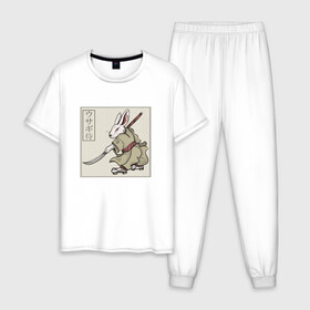Мужская пижама хлопок с принтом Кролик Самурай Rabbit Samurai в Новосибирске, 100% хлопок | брюки и футболка прямого кроя, без карманов, на брюках мягкая резинка на поясе и по низу штанин
 | Тематика изображения на принте: art | cyberpunk samurai | ninja | oni | rdsmry | ronin | samurai | shogun | ukiyo e | арт | живопись | животные | заяц | киберпанк самурай | мерч | прикол | путь воина | путь самурая | ронин | сёгун | токио | укиё э | фреска | харакири