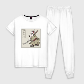 Женская пижама хлопок с принтом Кролик Самурай Rabbit Samurai в Новосибирске, 100% хлопок | брюки и футболка прямого кроя, без карманов, на брюках мягкая резинка на поясе и по низу штанин | art | cyberpunk samurai | ninja | oni | rdsmry | ronin | samurai | shogun | ukiyo e | арт | живопись | животные | заяц | киберпанк самурай | мерч | прикол | путь воина | путь самурая | ронин | сёгун | токио | укиё э | фреска | харакири