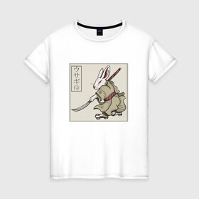 Женская футболка хлопок с принтом Кролик Самурай Rabbit Samurai в Новосибирске, 100% хлопок | прямой крой, круглый вырез горловины, длина до линии бедер, слегка спущенное плечо | art | cyberpunk samurai | ninja | oni | rdsmry | ronin | samurai | shogun | ukiyo e | арт | живопись | животные | заяц | киберпанк самурай | мерч | прикол | путь воина | путь самурая | ронин | сёгун | токио | укиё э | фреска | харакири