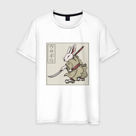 Мужская футболка хлопок с принтом Кролик Самурай Rabbit Samurai в Новосибирске, 100% хлопок | прямой крой, круглый вырез горловины, длина до линии бедер, слегка спущенное плечо. | Тематика изображения на принте: art | cyberpunk samurai | ninja | oni | rdsmry | ronin | samurai | shogun | ukiyo e | арт | живопись | животные | заяц | киберпанк самурай | мерч | прикол | путь воина | путь самурая | ронин | сёгун | токио | укиё э | фреска | харакири