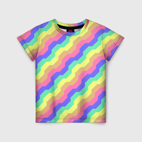Детская футболка 3D с принтом Радужные волны в Новосибирске, 100% гипоаллергенный полиэфир | прямой крой, круглый вырез горловины, длина до линии бедер, чуть спущенное плечо, ткань немного тянется | Тематика изображения на принте: волна | волны | зигзаг | красочный | круто | лето | линии | линия | полоса | полосы | радуга | узор