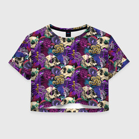 Женская футболка Crop-top 3D с принтом Психоделика - черепа и грибы в Новосибирске, 100% полиэстер | круглая горловина, длина футболки до линии талии, рукава с отворотами | абстракция | грибы | паттерн | психоделика | текстуры | цветы | череп | черепа