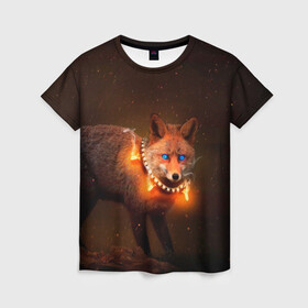 Женская футболка 3D с принтом Лисица с гирляндой в Новосибирске, 100% полиэфир ( синтетическое хлопкоподобное полотно) | прямой крой, круглый вырез горловины, длина до линии бедер | fox | foxy | животное | звери | лиса | лисенок | лисичка | милая | рыжая | фокс