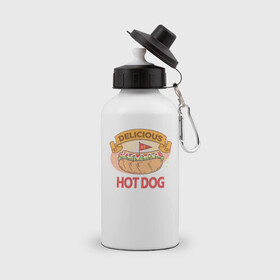 Бутылка спортивная с принтом Delicious Hot Dog в Новосибирске, металл | емкость — 500 мл, в комплекте две пластиковые крышки и карабин для крепления | Тематика изображения на принте: burgers | delicious | hot dog | вредная еда | еда