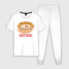 Мужская пижама хлопок с принтом Delicious Hot Dog в Новосибирске, 100% хлопок | брюки и футболка прямого кроя, без карманов, на брюках мягкая резинка на поясе и по низу штанин
 | burgers | delicious | hot dog | вредная еда | еда