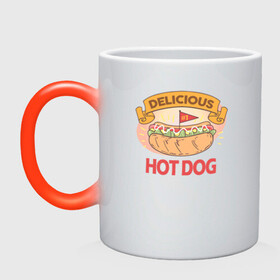 Кружка хамелеон с принтом Delicious Hot Dog в Новосибирске, керамика | меняет цвет при нагревании, емкость 330 мл | Тематика изображения на принте: burgers | delicious | hot dog | вредная еда | еда