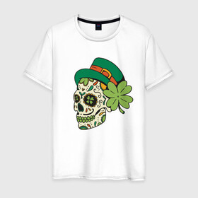 Мужская футболка хлопок с принтом Череп в стиле Святого Патрика в Новосибирске, 100% хлопок | прямой крой, круглый вырез горловины, длина до линии бедер, слегка спущенное плечо. | calavera | clover | ireland | irish | kiss me im irish | lucky | muertos | skulls | st patrick | sugar skull | день мёртвых | день святого патрика | ирландец | ирландия | калавера | клевер | сахарный череп | удача | череп в шляпе | черепа | чет