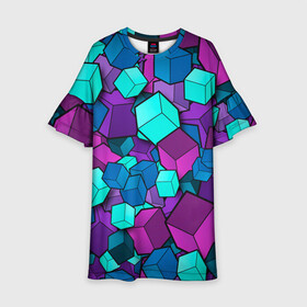 Детское платье 3D с принтом СИРЕНЕВЫЕ КУБЫ в Новосибирске, 100% полиэстер | прямой силуэт, чуть расширенный к низу. Круглая горловина, на рукавах — воланы | blue | cube | geometry | геометрия | квадраты | кубики | кубы | паттерн | синий | сиреневый | текстуры | фиолетовый