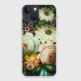 Чехол для iPhone 13 mini с принтом Цветы на зеленом фоне в Новосибирске,  |  | декоративная роспись | живопись | жостово | жостовская роспись | розы | цветы