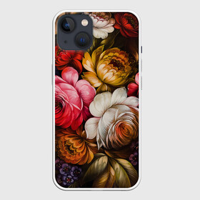 Чехол для iPhone 13 с принтом Цветы на черном фоне в Новосибирске,  |  | Тематика изображения на принте: декоративная роспись | живопись | жостово | жостовская роспись | розы | цветы