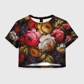 Женская футболка Crop-top 3D с принтом Цветы на черном фоне в Новосибирске, 100% полиэстер | круглая горловина, длина футболки до линии талии, рукава с отворотами | декоративная роспись | живопись | жостово | жостовская роспись | розы | цветы