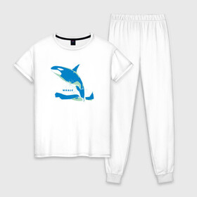 Женская пижама хлопок с принтом Кит Косатка голубая в Новосибирске, 100% хлопок | брюки и футболка прямого кроя, без карманов, на брюках мягкая резинка на поясе и по низу штанин | whale | кит | косатка | косатки | море | морские