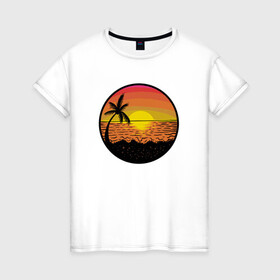Женская футболка хлопок с принтом Закат солнце на пляже в Новосибирске, 100% хлопок | прямой крой, круглый вырез горловины, длина до линии бедер, слегка спущенное плечо | beach | club | palm | party | sea | summer | tropical | волны | жара | закат | летние | лето | море | пальмы | пляж | тропический