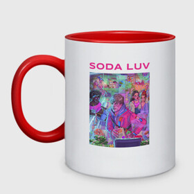 Кружка двухцветная с принтом SODA LUV в Новосибирске, керамика | объем — 330 мл, диаметр — 80 мм. Цветная ручка и кайма сверху, в некоторых цветах — вся внутренняя часть | luv | melon | music | soda | sodaluv | бигасс | коми | лав | лого | лув | мелон | сода