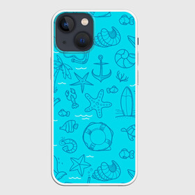 Чехол для iPhone 13 mini с принтом Морская тема в Новосибирске,  |  | креветки | круг | морская живность | морское | пальмы | раки | ракушки | рыбы | спасательный | черепашки | штурвал