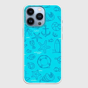 Чехол для iPhone 13 Pro с принтом Морская тема в Новосибирске,  |  | креветки | круг | морская живность | морское | пальмы | раки | ракушки | рыбы | спасательный | черепашки | штурвал