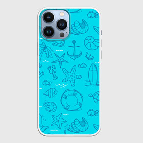 Чехол для iPhone 13 Pro Max с принтом Морская тема в Новосибирске,  |  | креветки | круг | морская живность | морское | пальмы | раки | ракушки | рыбы | спасательный | черепашки | штурвал