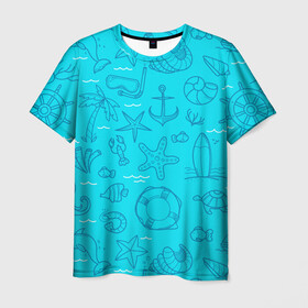 Мужская футболка 3D с принтом Морская тема в Новосибирске, 100% полиэфир | прямой крой, круглый вырез горловины, длина до линии бедер | креветки | круг | морская живность | морское | пальмы | раки | ракушки | рыбы | спасательный | черепашки | штурвал