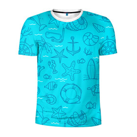 Мужская футболка 3D спортивная с принтом Морская тема в Новосибирске, 100% полиэстер с улучшенными характеристиками | приталенный силуэт, круглая горловина, широкие плечи, сужается к линии бедра | креветки | круг | морская живность | морское | пальмы | раки | ракушки | рыбы | спасательный | черепашки | штурвал