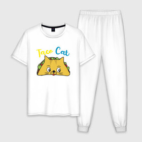 Мужская пижама хлопок с принтом Taco Cat в Новосибирске, 100% хлопок | брюки и футболка прямого кроя, без карманов, на брюках мягкая резинка на поясе и по низу штанин
 | Тематика изображения на принте: animal | cat | cute | kitty | meow | taco | друг | животные | киска | китти | кот | котенок | котик | котэ | кошечка | кошка | милый | мур | мяу | питомец | тако