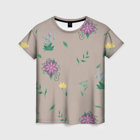 Женская футболка 3D с принтом Цветочная эстетика в Новосибирске, 100% полиэфир ( синтетическое хлопкоподобное полотно) | прямой крой, круглый вырез горловины, длина до линии бедер | лето | лист | листья | одуванчик | природа | растение | растения | цветок | цветочек | цветы